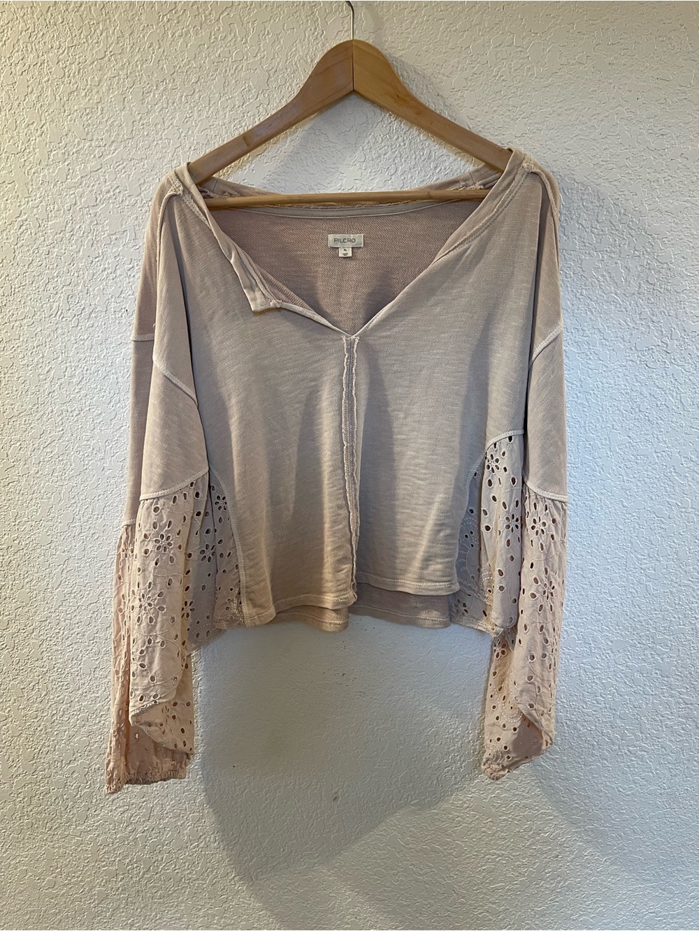 Pilcro Cream Eyelet-Sleeve V-Neck Sweatshirt